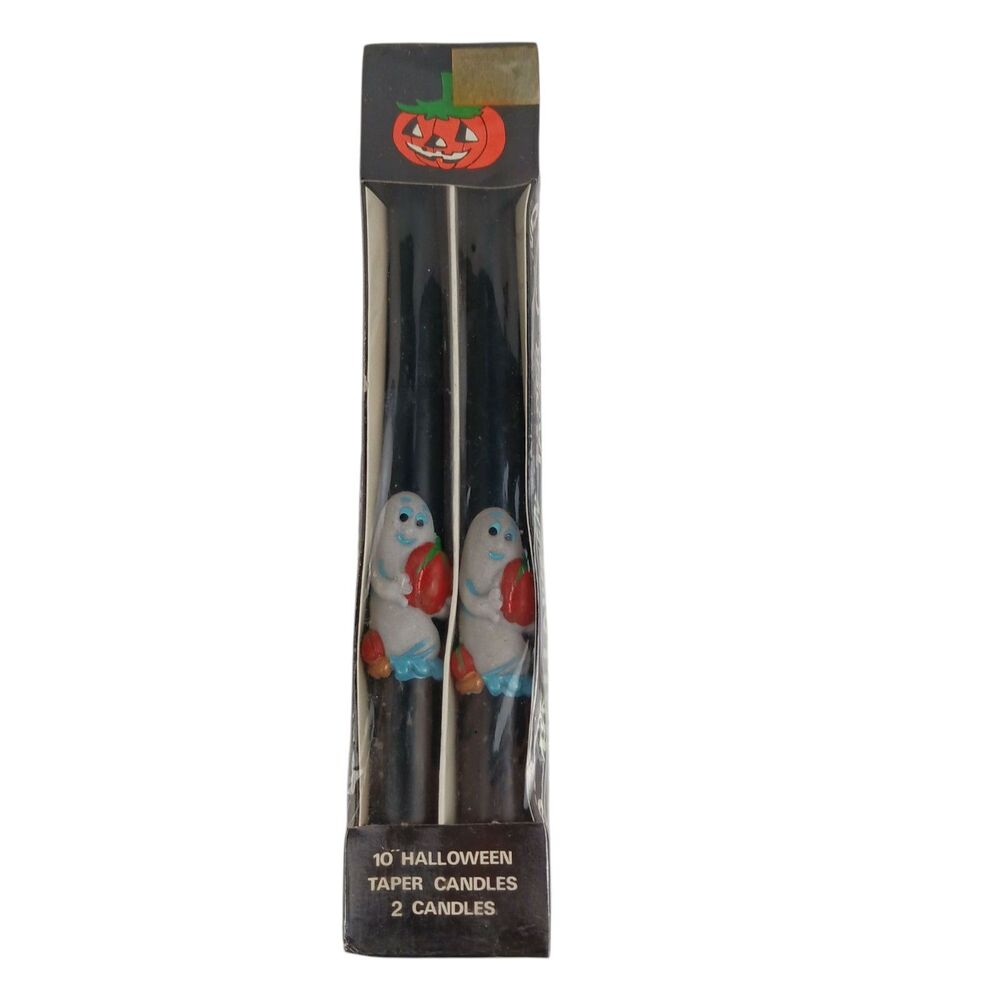 PAIR Vintage 10” tall Halloween Taper Candles Black w/ Ghosts & Pumpkins Novelty